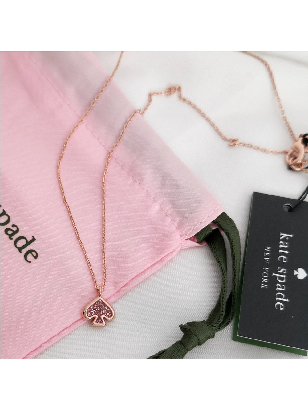NWOT Kate Spade Rose Gold “Everyday Spade” Pink Glitter Enamel Necklace